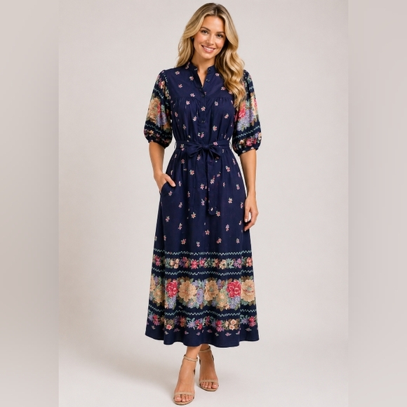 Robbie Bee Dresses & Skirts - Robbie Bee Blue Floral Belted Puff Sleeve Cottagecore Dress Small